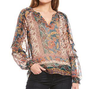 DEMOCRACY Paisley Split Neck Ruffle Sheer Top